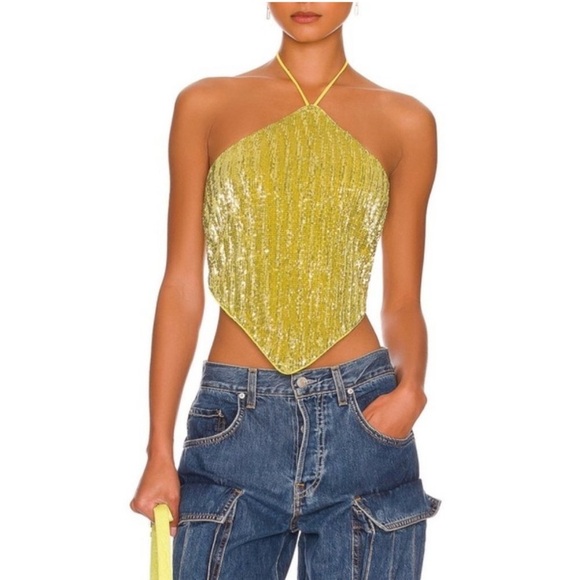 Camila Coelho Tops - Camila Coelho Samantha Top - Yellow Sequin Lace Up Back Top